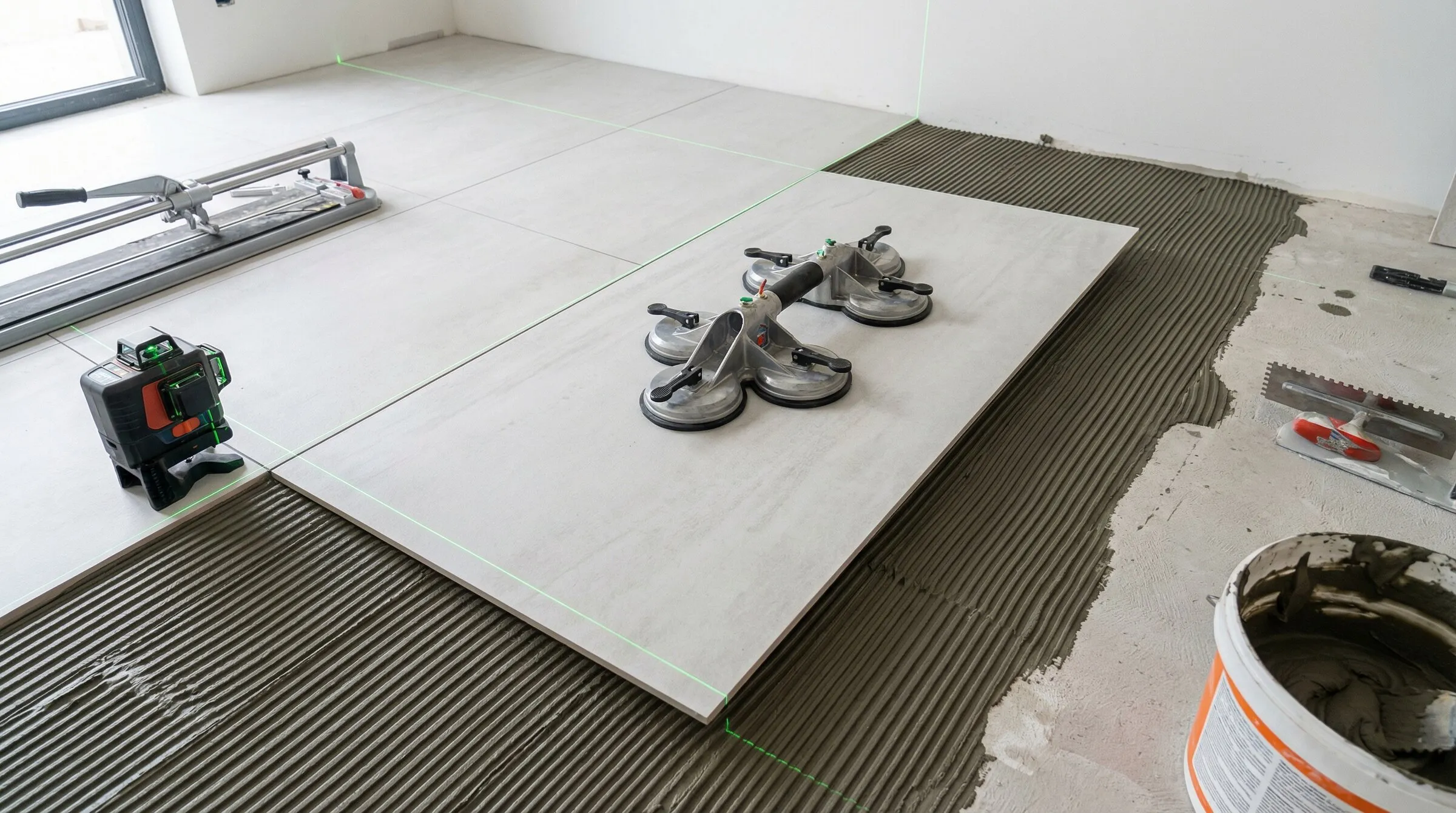 大板磚施工現場特寫,展示專業水平儀與大型吸盤搬運器在施作 120x240cm 磁磚時的精準對位