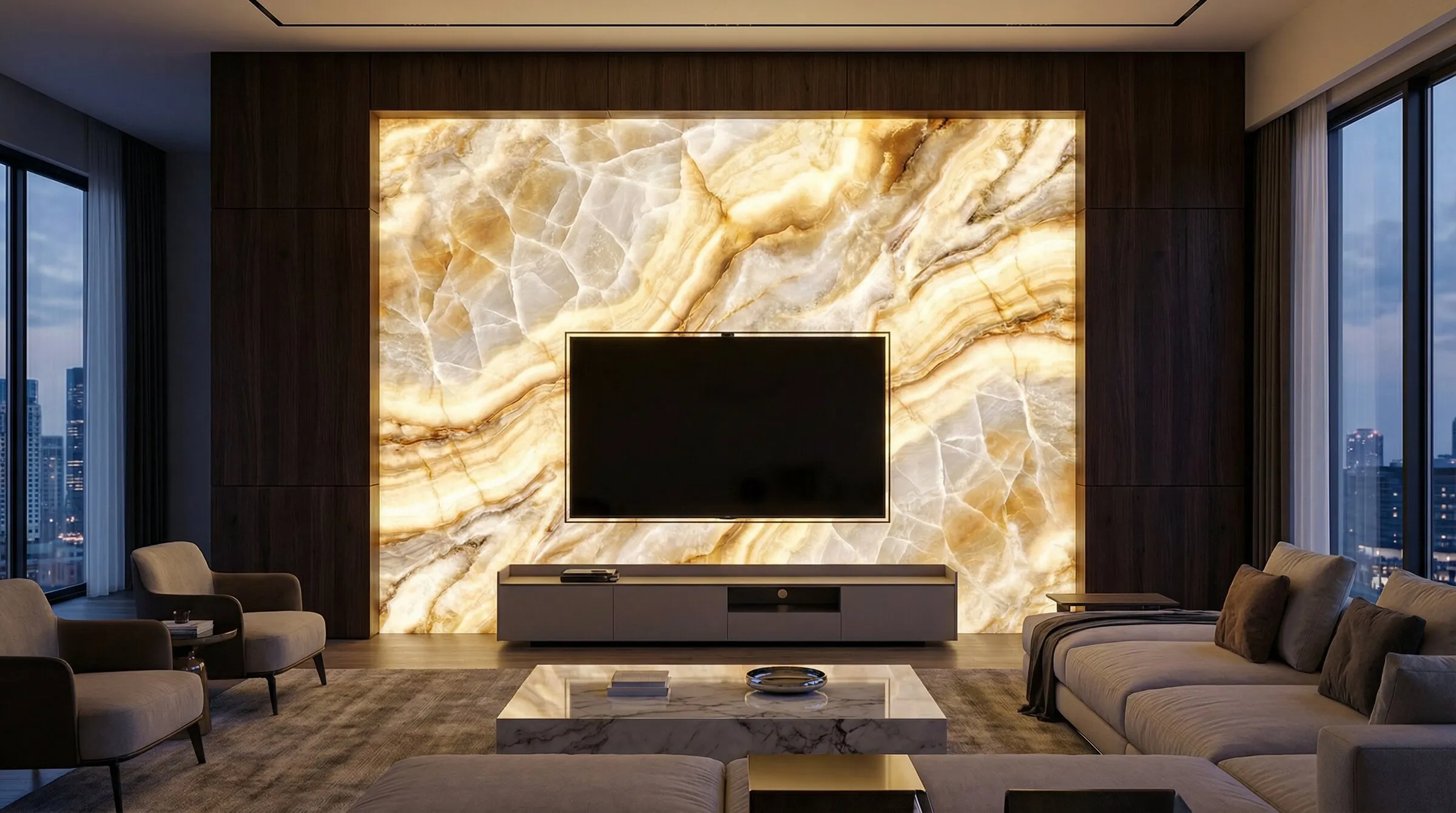 奢華客廳場景:電視牆採用透光 Onyx 大板磚,背後嵌入均勻 LED 燈板,呈現出如冰川裂紋般的透亮質感,與周圍深色木質牆面形成強烈虛實對比。